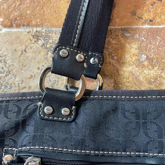 Fossil Modern Vintage Black Logo Fabric Tote Bag Canvas Straps Women’s Pocket - Picture 6 of 16